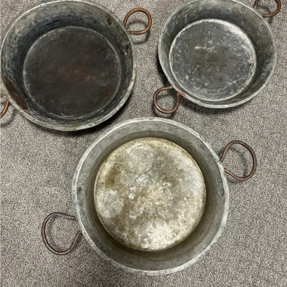 Vintage French Au Gratin Copper Pan Set of 3 with Brass Handles